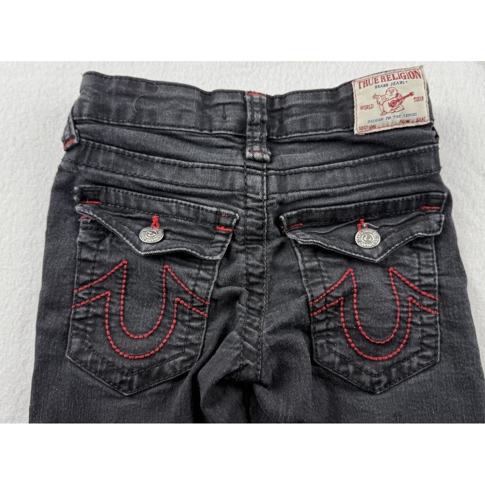 True Religion Boys Black Geno Relaxed Slim Denim Jeans Sz 6 Red Stitch Flap Pkt